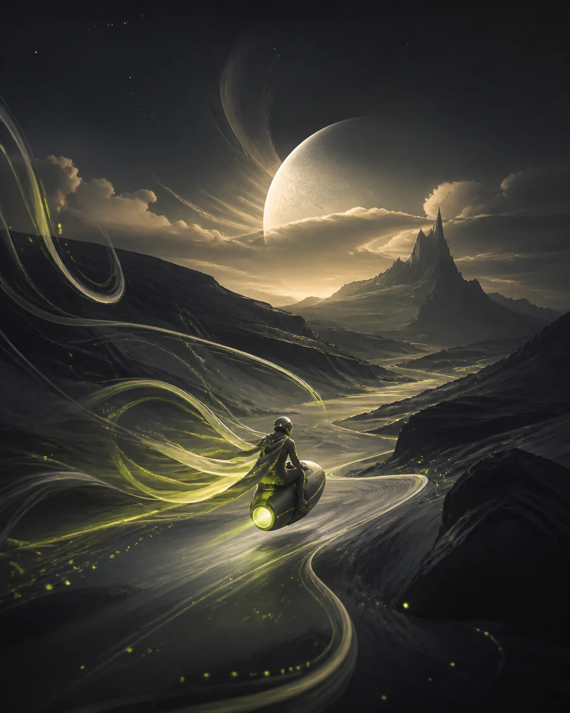 Animated rider crossing a dark surreal landscape through flowing trails of light