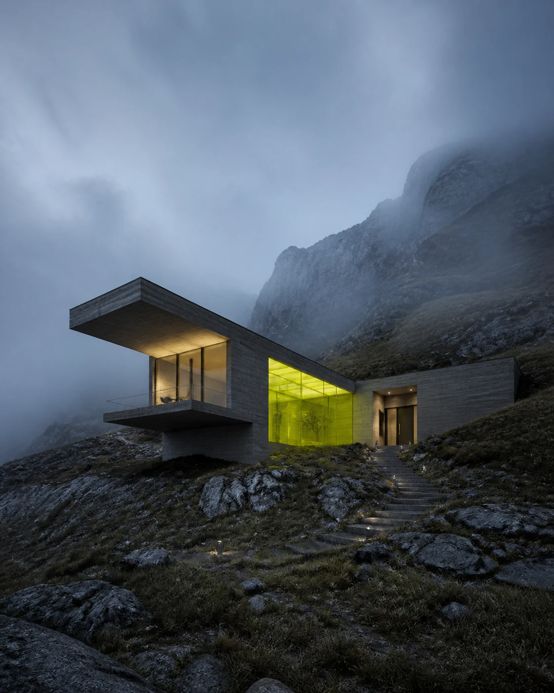Contemporary concrete pavilion with a luminous lime courtyard on a misty rocky hillside