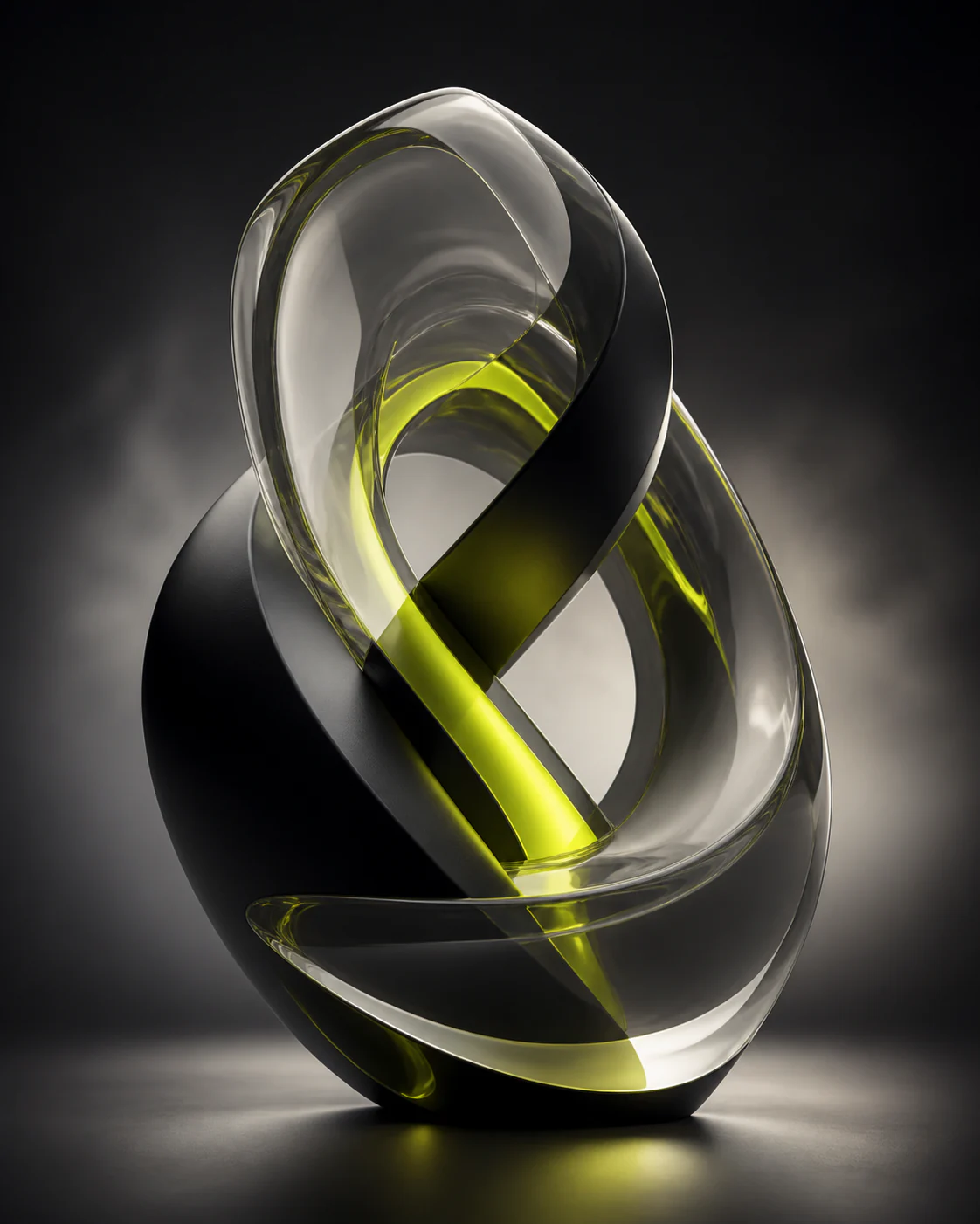 Abstract translucent glass and black ceramic generative sculpture with a luminous lime core